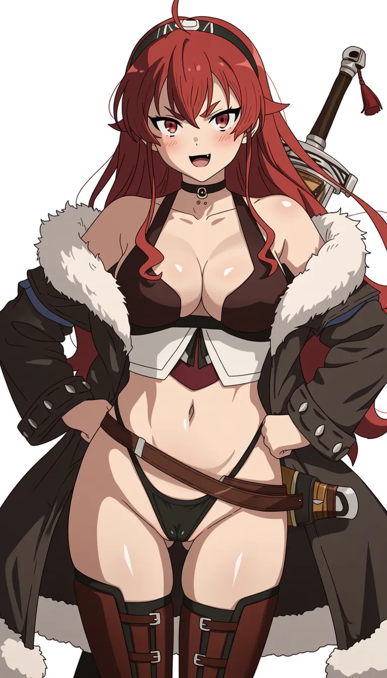 1girl, eris greyrat, mushoku tensei,
score 7, ultra detailed, fair skin, high contrast, solo, long hair, breasts, looking at viewer, blush, smile, open mouth, simple background, large breasts, long sleeves, white background, red eyes, navel, hair between eyes, cleavage, bare shoulders, standing, underwear, jacket, collarbone, panties, ahoge, weapon, thighs, :d, cowboy shot, red hair, hairband, open clothes, choker, belt, fang, sword, stomach, off shoulder, open jacket, fur trim, black choker, skindentation, highleg, cameltoe, ass visible through thighs, thick eyebrows, thigh gap, black hairband, eyepatch, tassel, sheath, crossed bangs, hands on own hips, sheathed, fur-trimmed jacket, brown belt, highleg panties, partially visible vulva, fur-trimmed coat, weapon on back,
The character stands with a confident, slightly mischievous expression, her long red hair cascading over her shoulders. She wears a revealing outfit consisting of a white and black top that exposes her midriff and large breasts, paired with a fur-lined jacket draped over her arms. A brown belt cinches her waist, and she wears thigh-high boots with straps. Her red eyes are sharp and intense, framed by the dark hair and a headband with small horns.
best quality, score_9, very aesthetic, sensitive, explicit