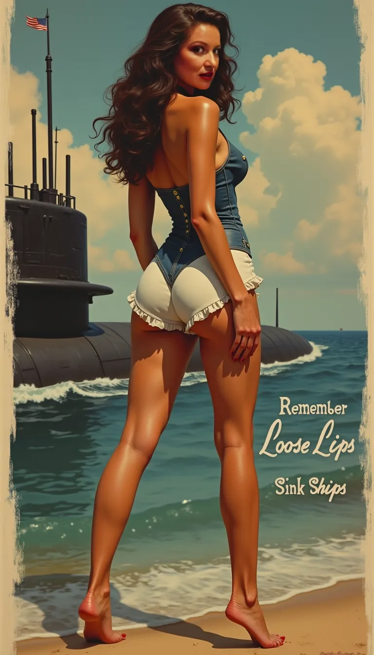 1940s era pinup style poster, 48 year old, long wavy hair, realistic woman, realism, hyper-realistic, long curly wavy dark brown hair, messy hair, curvy feminine figure, leather choker,
medium droopy pear shaped tits, cleavage,
Tight United states inspired mini dress
long legs, bare feet with red painted toe nails, full body view, feminine legs, standing provocatively in front of a Navy Submarine, legs spread wide, ass in photo, looking back toward the camera, Writing on poster reads 'Remember Loose Lips Sink Ships'