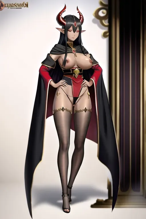 Dark elf, woman, red and black hair, sorceress, slim, small breast, tall, stern face, Throne room, large red cloak, panties, exposed breasts, dark eyes, dark, black skin, slim, gold crown, body tattoos, hairy pussy, nipples, lace leggings, full body, beautiful face, empress, long straight horns, tall black horns, single person, demon, beautiful, long legs, hands on hips, dripping pussy, jewelry, dark skin, wide hips, bare foot,