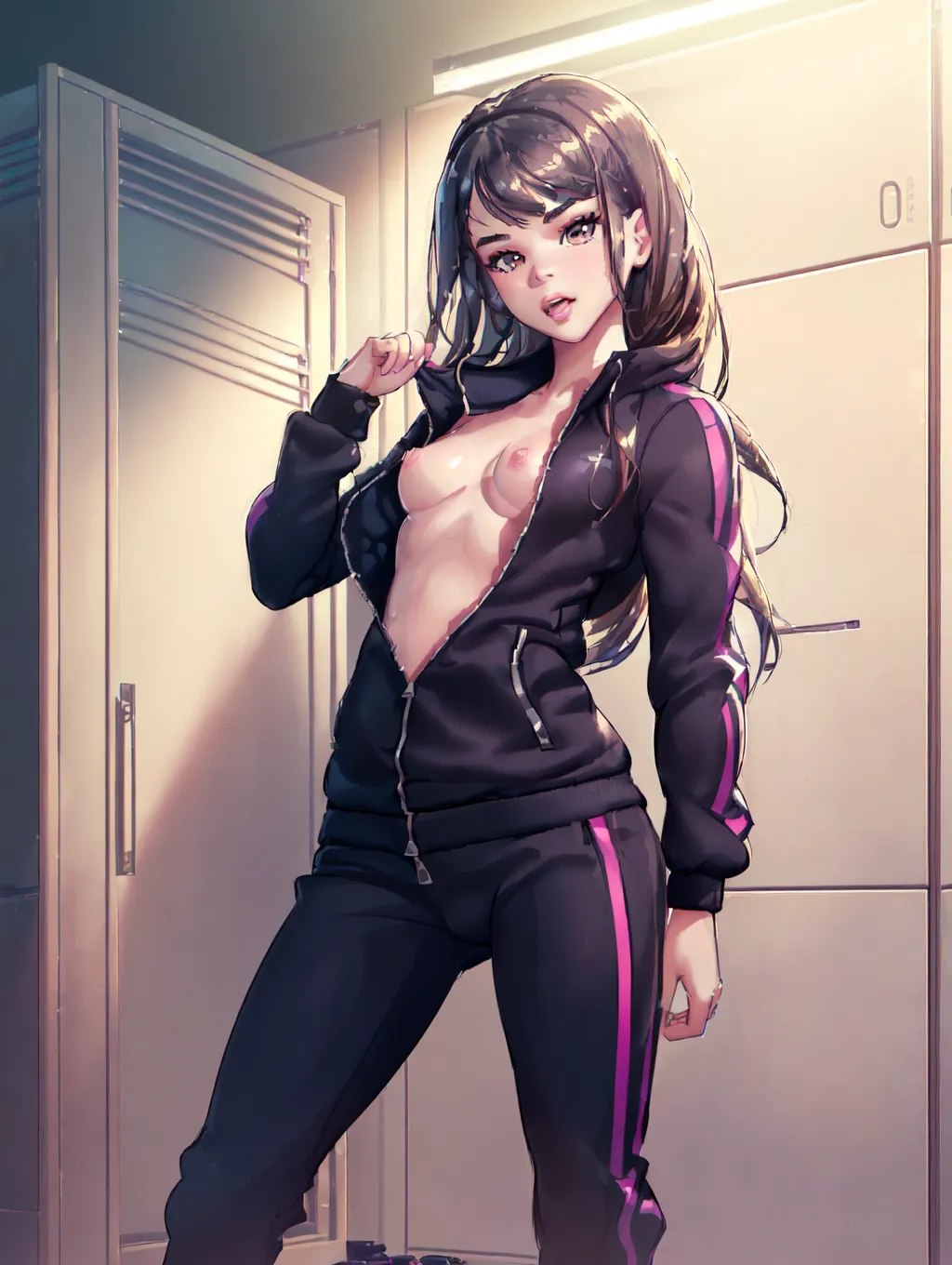 realistic HD photograph ((wide shot)), (((Hailee Steinfeld))) ((((accurate face)))),(((in a locker room)))(((wearing unzipped tracksuit)))(((topless))),((very sexy pose)),(((small perky breasts))),(((slender body))), five slender fingers, beautiful face, beautiful lips,detailed large eyes,curved eyebrows,cgsociety,cinematic lighting,studio lighting,professional,editorial,<lora:dpmg_fingering:1>