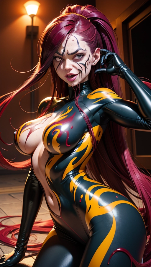 ((Burgundy red and yellow symbiote goo girl)), ((hair-raising symbiote)), ((burgundy red and yellow symbiote goo)), (((burgundy red long hair with yellow strands))), ((red and yellow symbiote goo suit)), (yellow strands), (((symbiote goo face))), (((((symbiote goo hair))), ((((symbiote goo face transformation)))), symbiote goo body, female venom symbiote face
