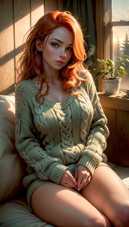 A professional photograph, 1 hot naked woman seated in a confortable armchair is ((looking away)) through a large bay window, she is ((naked)) but wearing an ((oversized sweater (falling over her shoulder:0.5))), she is holding a ((steaming:1.1)) mug of hot chocolate, the sun is setting outside and clouds are taking warm orange colours, the rain has just stopped outside, (((long auburn messy hair))), (((green eyes))), (((perfect realistic pussy with trimmed hair))), beautiful lips, perfect face, ((pensive:1.2)) and ((smiling:0.6)), highly detailed, perfect hands, five fingers per hand, perfect hands, curved eyebrows, long curved eyelashes,
((warm orange rays)) from the sunset, wood panels on walls, (soft dream atmosphere), ((cinematic lighting)), ((cinematic composition:1.2)), 32k, HDR, highest quality, highest resolution, (photorealist:1.72), (photorealism:1.72), (masterpiece:1.18), --s 750