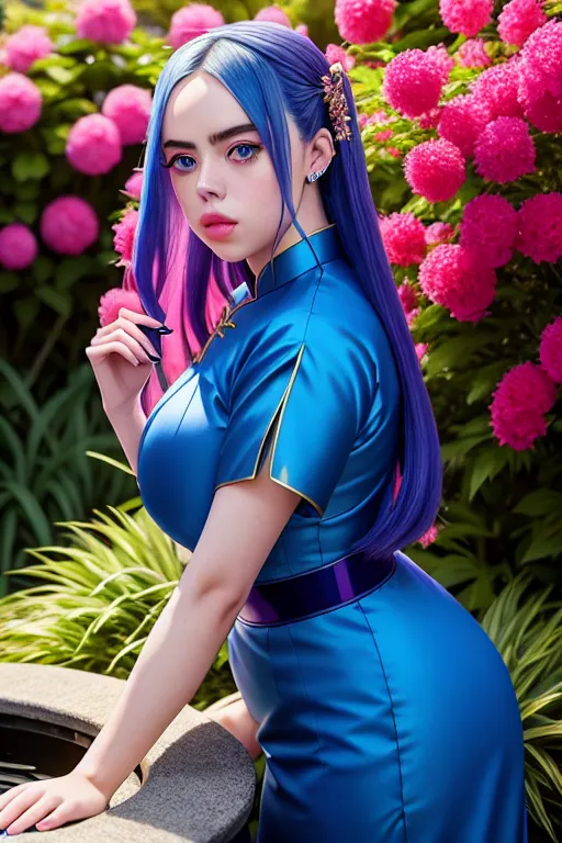 a photo shot of,billie eilish,wearing ao dai,kneeing,in the garden,amazing breasts,five slender fingers,fishtail hair,beautiful face,beautiful lips,blue eyes,curved eyebrows,joyful,wearing golden ring,studio lighting,sharp focus,professional,cinematic lighting,bokeh