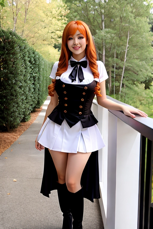 8k quality, brown eyes, pale white skin, orange hair, giant breasts, cleavage, looking at viewer, pov, long hair, wavy hair, full body photo, standing in room, smiling, black maid uniform, miniskirt, high heels, black knee high boots, black choker