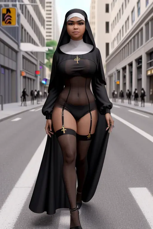 8k, high Quality, high detail ,high resolution, detailed face, detailed outfit, detailed legs, big boobs,full body, looking at the camera, ((Zendaya in a sexy nun outfit)), garter belt, (( walking on the street)), close mounth, long curly hair,