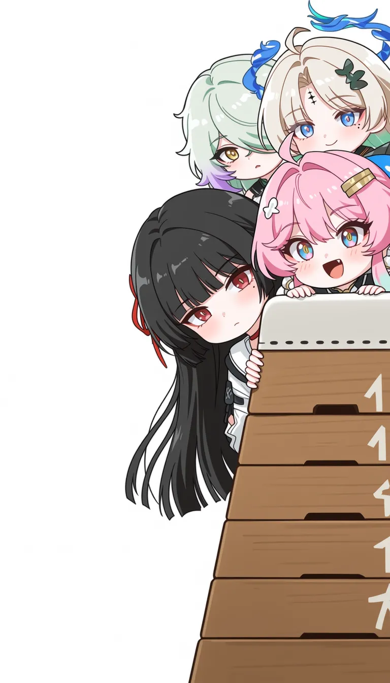 multiple girls, 4girls, aemeath \(wuthering waves\), chisa \(wuthering waves\), lynae \(wuthering waves\), mornye \(wuthering waves\),
score 7, ultra detailed, fair skin, high contrast, ahoge, black hair, blonde hair, blue eyes, blush, fang, gradient hair, green hair, grey hair, hair ornament, hair over one eye, halo, long hair, mole under eye, multicolored hair, pink hair, red eyes, two-tone hair, wavy eyes, yellow eyes, closed mouth, looking at viewer, open mouth, smile, white background, chibi only, peeking out, simple background, mole, chibi, purple hair,
Four distinct chibi characters are lined up against a stark white background, all appearing to be on the same level of a vaulting horse. The character on the far left has long black hair and is looking down with a slight blush. Next to them is a girl with pink hair who is smiling broadly. The scene captures a moment of playful anticipation as the characters prepare to enter the vaulting horse.
best quality, score_9, very aesthetic, sensitive, explicit