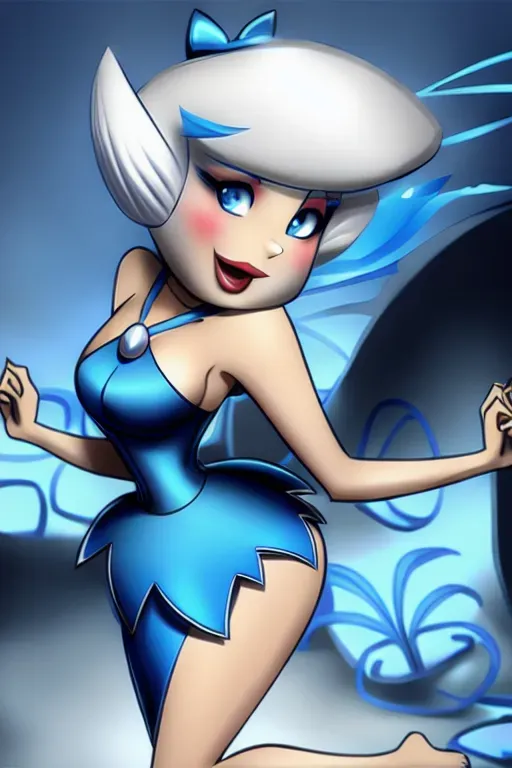 Stoneage, Betty Rubble, sexy blue dress, large cleavage, (Black hair), (blue eyes), pussy, anatomically correct, Vibrant blue tightly fitted dress v neckline showcasing collar bone dress may have a modest A-line or slightly flared skirt lightweight breezy frayed, delicate facial features soft and rounded contours a (narrow jawline) fuller lips, stone earrings, clam shell necklaces, blue hair bow accessories