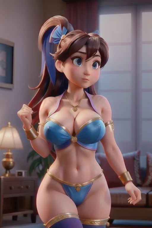 hi res, multicolor, Beautiful Chun Li, Chun Li hair do, nude (wearing sexy chun li uniform), (wearing stocking),living room, amazing breasts, showing cleavage, five slender fingers, gorgeous face, beautiful lips, blue eyes, curved eyebrows, thick eyebrows, curved eyelid, heavy makeup, textured skin, wearing necklace, highly detailed, sharp focus, artstation, film style, excited, Aroused,(one nipple out:1.2), fitness body