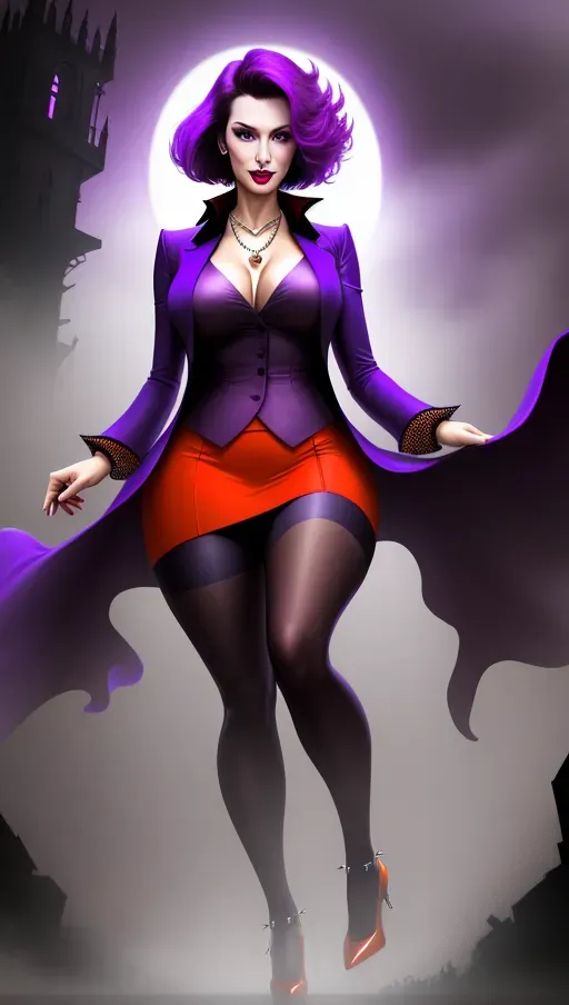 low angle, close-up shot, set in a creepy old dark castle shrouded in fog, playing synthesizers at a hard rock concert.
beautiful, beautiful, Mulato woman with bushy spiky cut full body short dark red-orange crimped bob hair, goth makeup. purple lipstick and eyeshadow, average height woman 26 years of age, seductive smile, large rounded almond natural brown eyes, purple suit jacket with knee length skirt, high heels, purple fingerless gloves, long pointed canine teeth, large red oval necklace, playing keyboards, photorealistic.