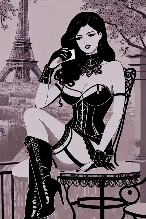 paper cut image of a beautiful elegant 20 year old woman sitting on a cafe terrace in Paris ((silhouette)) Eiffel tower, tarot card style, drinking coffee from asmall cup, perfect face anatomy, detailed female body anatomy, dressed in leather corset and high heel over knee stiletto boots, 8K, infographic, shematic, diagram