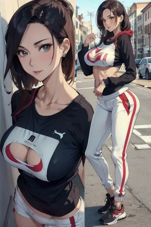 (milf jogger), a cum slut, nice breasts with nipples, pussy, seducing you, (outfit), detailed face, intricate, elegant, masterpiece, dynamic,