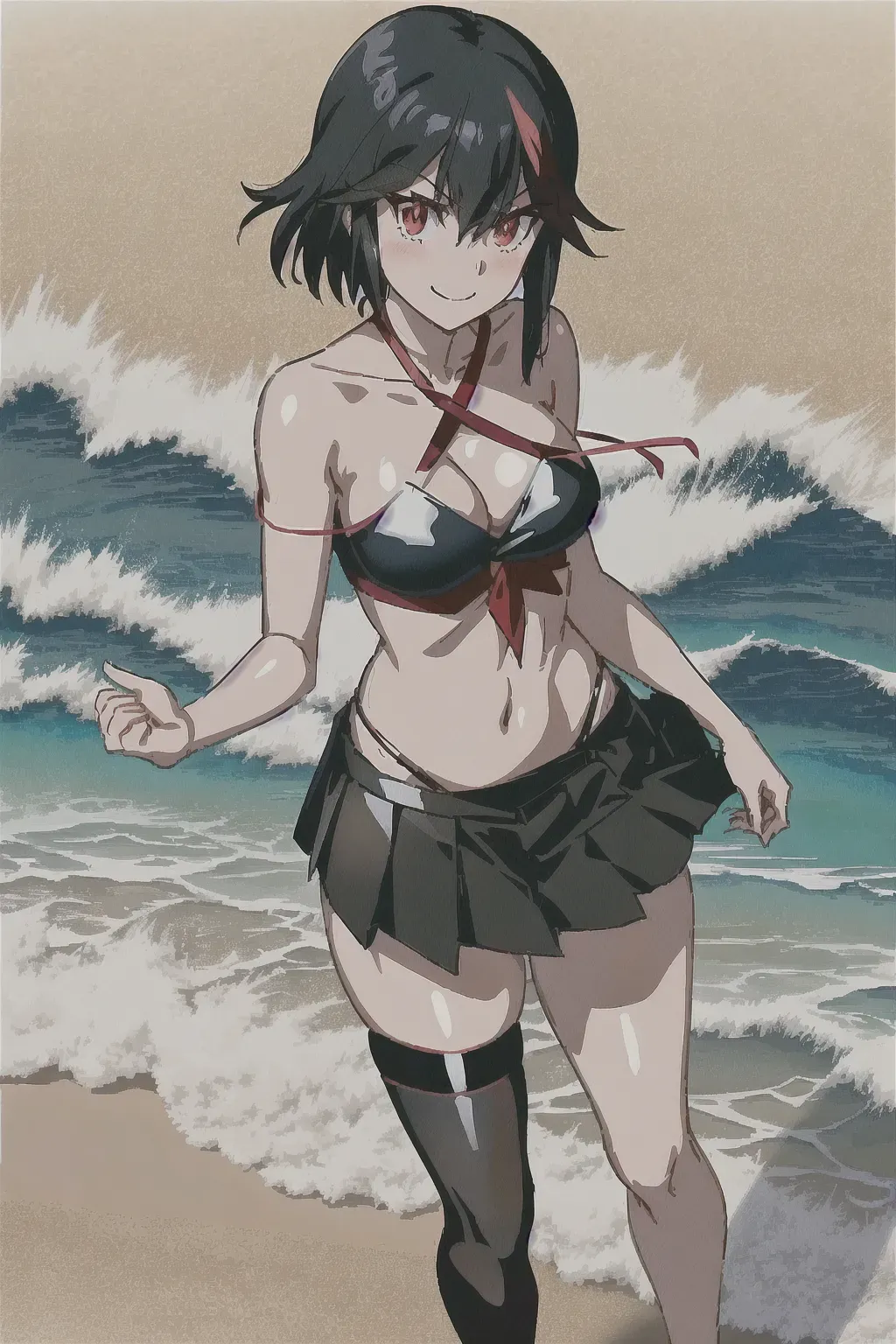 ryuko matoi, kill la kill, wearing black red (sengetsu), (black skirt), (normal black leggings), red leg ((straps)), black panties,(red straps connected from strapless top to black panties), slender body, tall body, red eyes, shiny short hair down, (masterpiece), (texture skin), dark outline, translucent, clean line work, highly detailed, high definition, HD wallpaper background Summer beach, sand, waves, rocks, smile, 3 redraw right hand, double pass