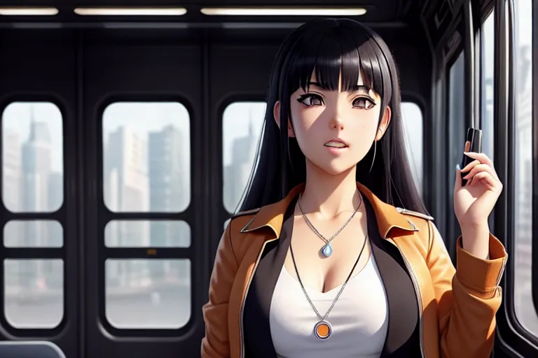 a concept art of,hinata hyuga,wearing jacket,standing,in the bus,five fingers per hand,beautiful face,beautiful lips,curved eyebrows,joyful,wearing necklace,highly detailed,surreal,sharp focus,ultra realistic,cgsociety