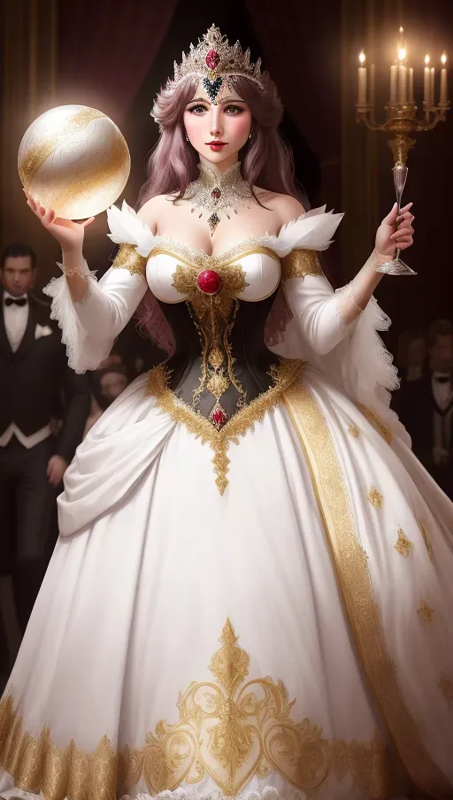 amidst the revelry of a grand late 1800s masquerade ball, a clumsy servant trips spilling red wine on beautiful auburn haired Queen Anna of Arendelle wearing a satin, pearl and gold mask, and a pristine white heirloom ball gown. An opportunistic Marquies De Sade looking on. photorealistic. High resolution