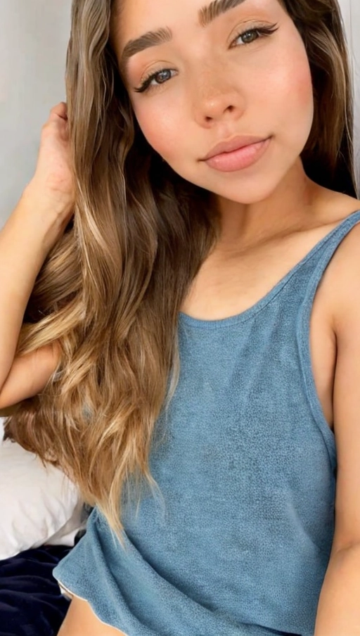 <lora:JlgblwOYz8w_Alyssa_2:1>, (((pretty with dark blonde hair with light skin laying on a blue bed))), (((photo of Alyssa Barrantes))), (((light brown eyes))), (((small light freckles))), (((only one head))), (((full body visible)))