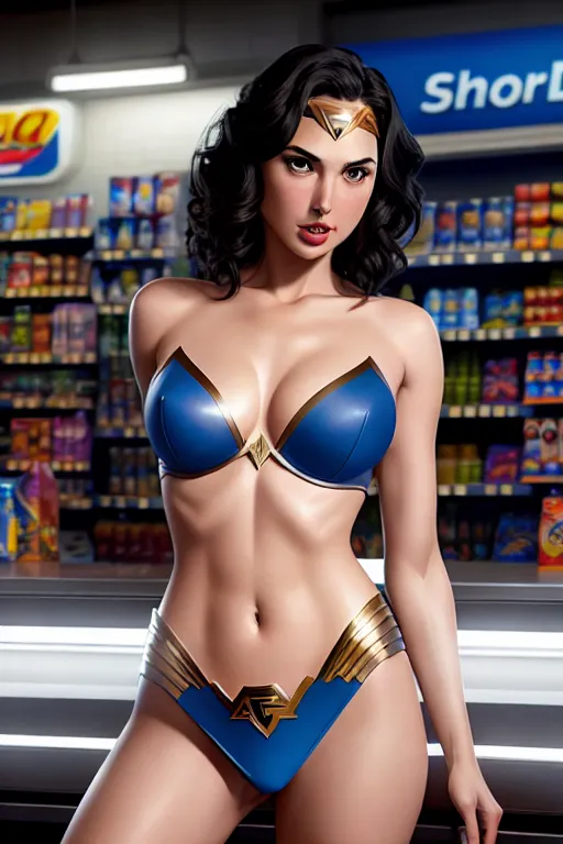 a illustration of,gal gadot,naked,shooting from a high point,at the convenient store,amazing breasts,five fingers per hand,short thick hair,charming face,beautiful lips,blue eyes,curved eyebrows,pale skin,erotic,tattoo,highly detailed,editorial,cinematic lighting,unreal engine,professional