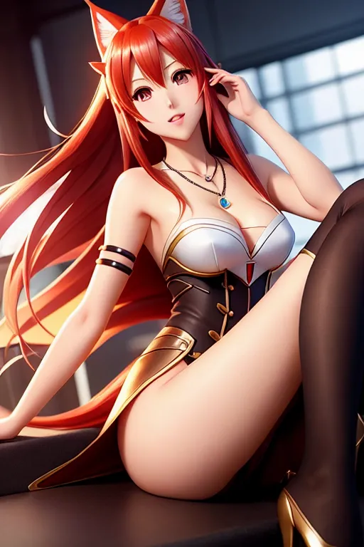 a illustration of,asuna yuuki,wearing lol ahri cosplay,kneeing,at the office,five slender fingers,gorgeous face,beautiful lips,detailed large eyes,curved eyebrows,curved eyelid,pale skin,joyful,wearing necklace,artstation,sharp focus,professional,smooth,bokeh