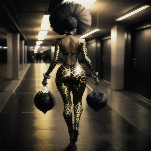 Sexy black villainess with afro and big ass wearing a leapord print catsuit and feather boa walking down underground parking garage at night.
rear view