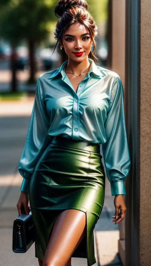 A high resolution photography of a beautiful Brazilian girl, tanned skin, small dark eyebrows, professional makeup, big round green eyes, high cheekbones, (smiling), ((dimples)) , a a long narrow nose, pouty red lips, long black eyelashes, her brown hair tied up in a classical bun,
wearing a short pencil skirt, wearing a classic business blouse,
ultra realistic detailed skin, realistic detailed hair, detailed glossy eyes, beautiful lips, detailed face, detailed textured skin, photorealistic, realistic detailed hair, pretty teeth, textured imperfect skin, sweating lightly, realistic pretty feet, (accurate realistic eyes), realistic teeth, realistic mouth, pubic hair, realistic skin color, realistic skin tone,realistic hair color, realistic hair tone,<lora:dpmg_add_detail:1>,
(8k RAW photo), (best quality), (masterpiece:1.3), (photo-realistic), hair highlighted, UHD, Nikon Z5, (50mm lens), f2.8, sharp focus, tack sharp, dof, film grain, Fujifilm XT3, (bokeh), subsurface scattering, volumetric lighting, focused, dynamic pose, dramatic angle, dramatic lighting, cinematic composition, HDR, (highest quality:1.8), highest resolution, (photo-realistic:1.72)
--s 200 --v 5.2