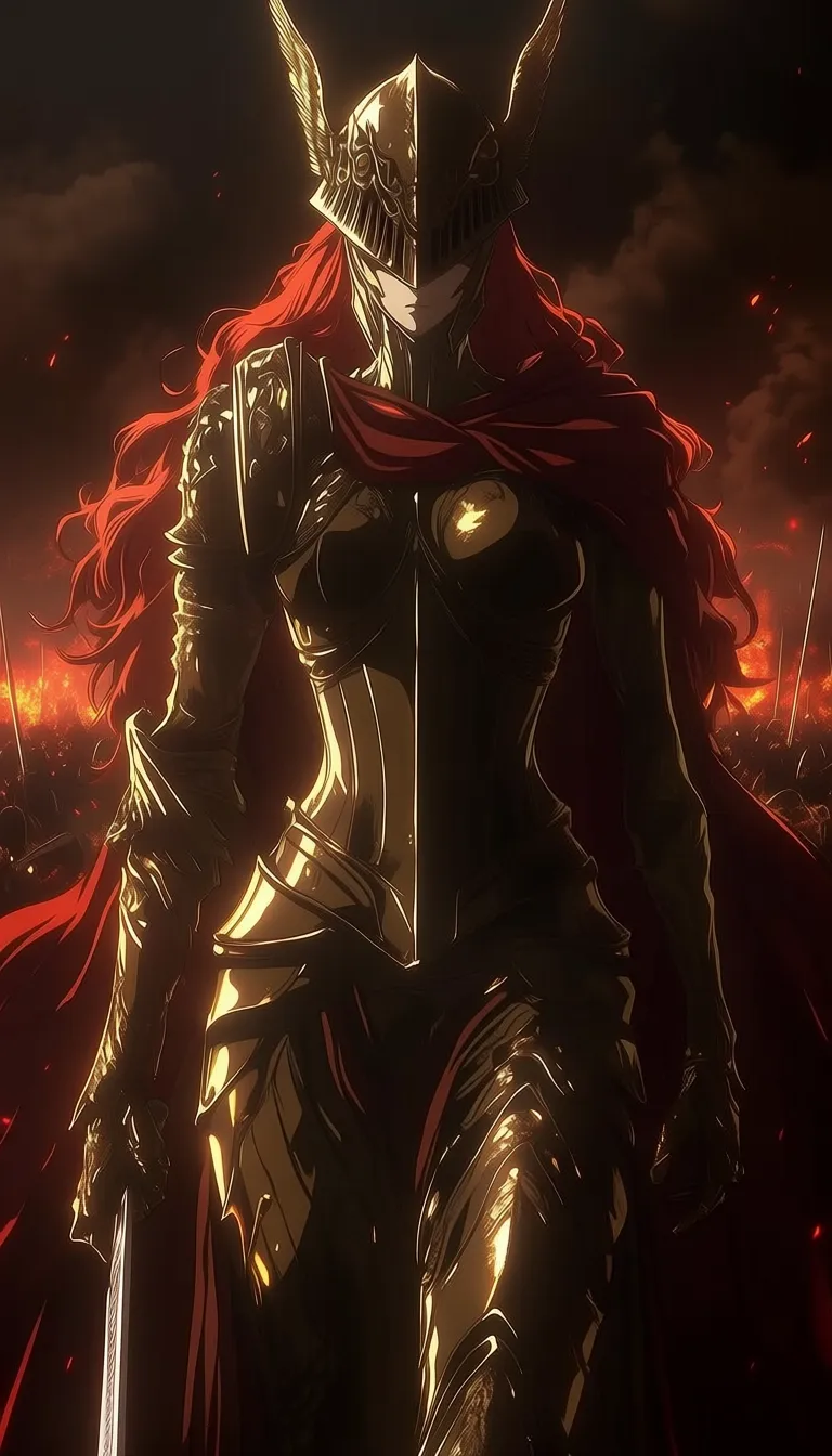 dark_art_style, malenia blade of miquella, 1girl, solo, red hair, long hair, wavy hair, helmet, armored helmet, winged helmet, face covered, no eyes visible, serious, stoic, standing, front view, centered, symmetrical, armor, full armor, golden armor, plate armor, pauldrons, gauntlets, breastplate, metallic, reflective, red cape, red cloth, skirt armor, knight, warrior, fantasy, epic, powerful, sword, holding sword, battlefield, fire, smoke, dramatic sky, red lighting, cinematic lighting, dramatic lighting, high contrast, shadows, anime style, detailed, high detail, masterpiece, best quality