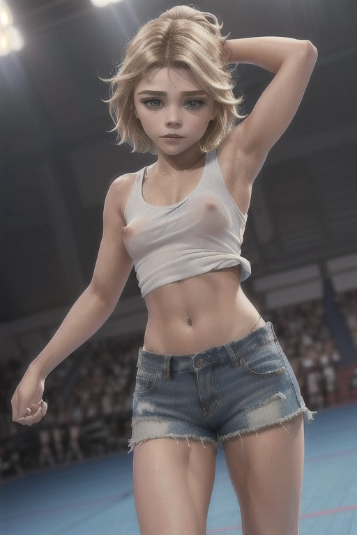 NSFW, UHD, photorealistic, masterpiece ((perfect blending of Chloe Grace Moretz and Kristina Pimenova)), exercising in gym, athletic, tanned, thigh gap, hip bones visible, ((medium breasts, perky breasts)), (hard nipples), tight pussy, perfect pussy, braless, no bra, (no panties), thin sheer material, white cotton t-shirt, short t-shirt (cutoff just below nipples, hard nipples visibly pressing on inside of t-shirt), ((micro shorts below hip bones)), oily skin, ponytail, ponytail hair, (smiling, eager to please),
highly detailed face, ((show full body, high angle view)), looking up at camera,
ultra realistic, hyper realistic
