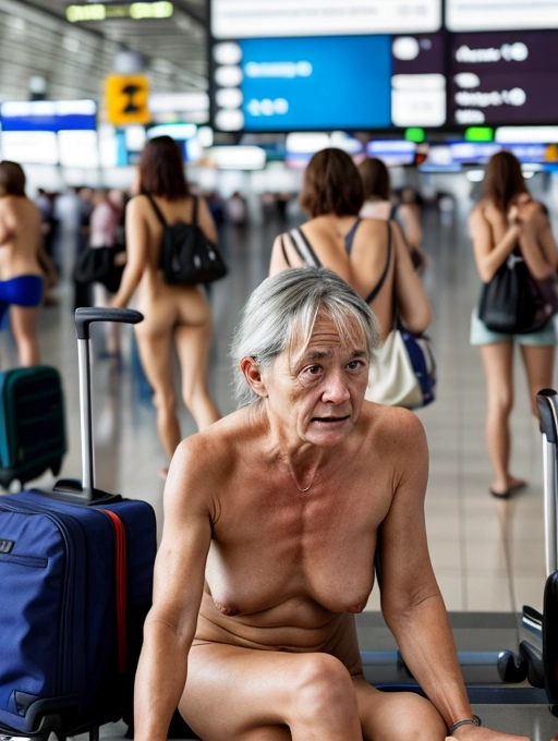 a naked middle aged lady, realistic face, is having sex in public with her girlfriend in a crowded airport