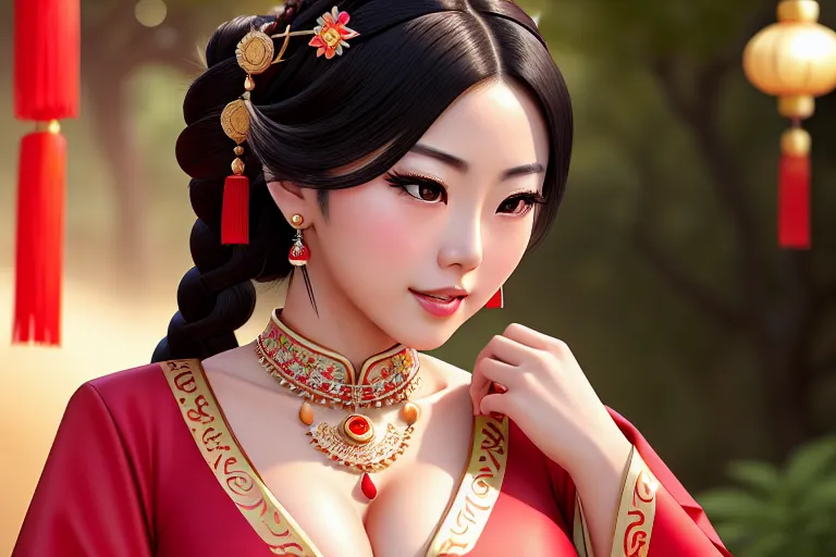 a digital painting of,ai uehara,wearing chinese costume,kneeing,outdoor,big breasts,five fingers per hand,braids hair,charming face,beautiful lips,curved eyebrows,smooth skin,joyful,wearing necklace,pixiv,highly detailed,8k,cinematic lighting,bokeh