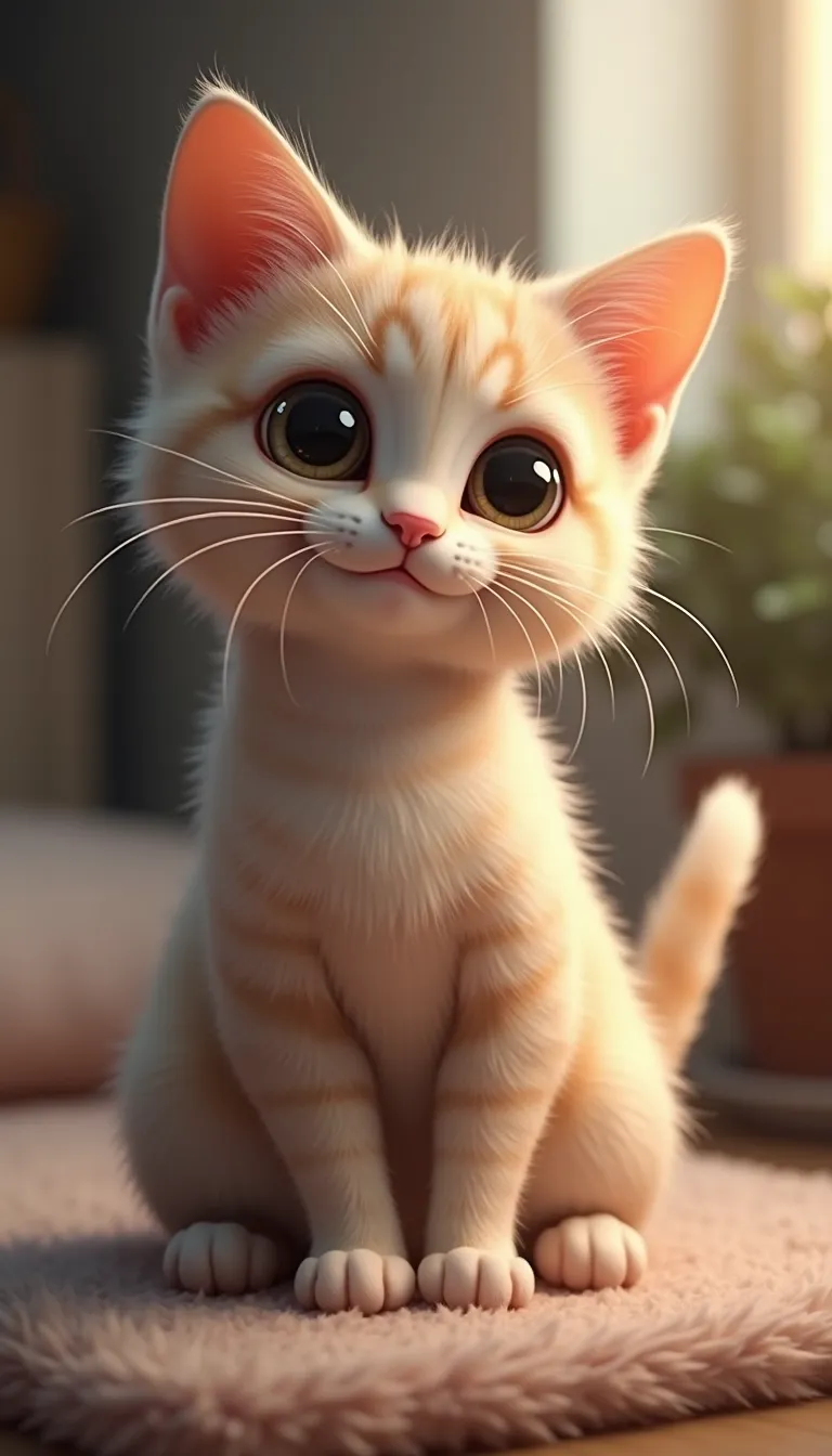 A cute cat sitting gracefully, with big expressive eyes and a fluffy tail curled around its paws. The background is softly blurred, featuring a cozy indoor setting with warm lighting. The cat has a playful expression, with its ears perked up and a slight tilt to its head. The fur is detailed, showing subtle variations in color and texture. The composition follows a 9:16 aspect ratio, perfect for a portrait-oriented image, with the cat centered to draw focus. The style is realistic with a touch of whimsy, enhancing the cat's adorable features.