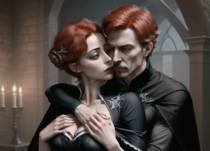 an older distinguished short black-haired masculine Dracula with very high collared cape, embracing Sweet innocent beautiful elegant auburn haired in a low bun Queen Anna of Arendelle in green portrayed by Willa Holland deeply hypnotized and enthralled lips parted in erotic arousal, fingering recent hickey on her neck from behind kissing her neck. PHOTOREALISTIC.