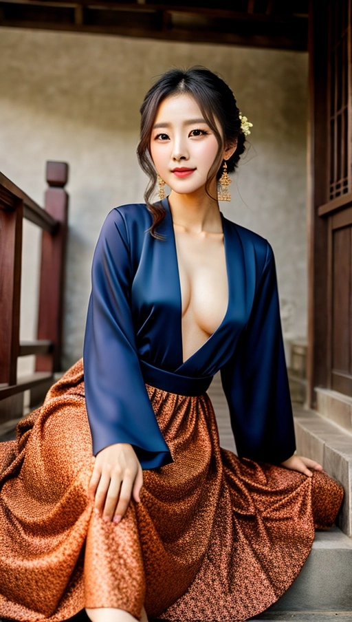 beautiful korean actress, traditional dress, dark eyes, dark hair, kissing lips, shining eyes, teasing smile, sitting on a stair in front of a traditional house, ((undressing her dress)), open dress, korean flashing bra, thin chest