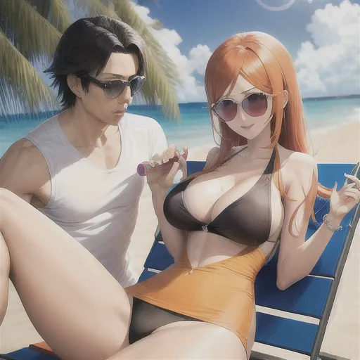 character:inoue orihime, man sitting next to her giving him handjob, cleavage, on beach chair, short tight tank top, sunglasses, g string, butterfly hairpin, hard nipples, shirt pull