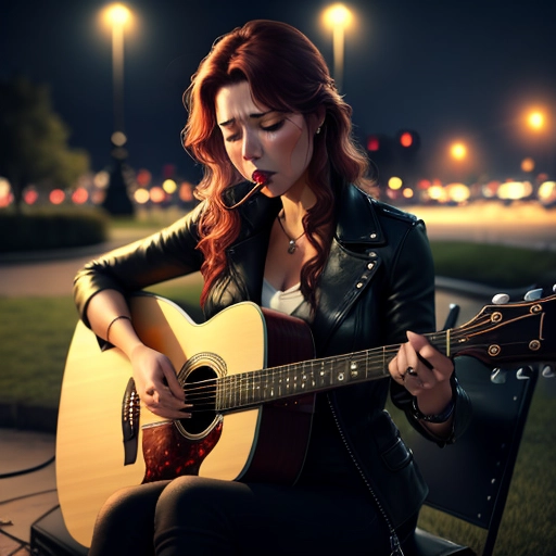Beautiful woman sitting in a park playing guitar, night time, sad, gloomy, emotional, crying, powerful , ((mouth slightly open))
