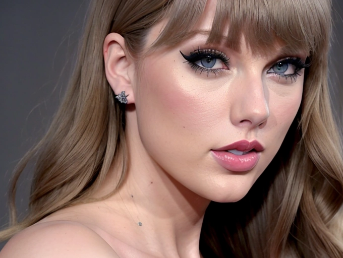 a photo shot of,taylor swift,mascara running,bangs,beautiful lips,pale skin,highly detailed,8k,studio lighting,ultra realistic, curvy tits, curvy hips, full body, real doll