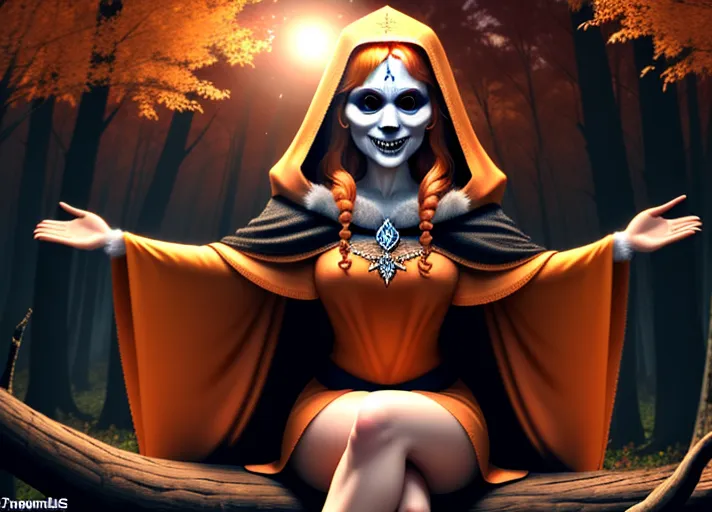 wide shot of Beautiful sweet fun loving auburn haired adult Queen Anna of Arendelle wearing an omenous large hooded cape with a maniacal grin and hands stretched out claw-like sits on a log leaning in telling terrifying spooky stories to the youth of Arnedelle around the campfire, the only source of light, deep in the woods on a dark crisp autumn night on Friday the 13th. photorealistic.