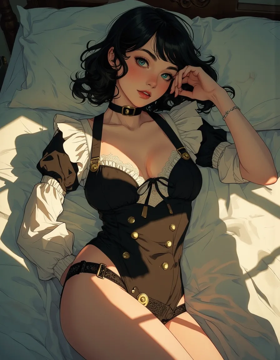 A 21-year-old anime-inspired woman, semi-realistic, with medium-length black hair and side bangs, gazes with deep blue eyes. Breasts: medium, perky. She is tall and fit, wearing a classic black and white maid outfit. Black lace underwear peeks beneath. Lying on a bed, POV male. Top unbuttoned, showing pink, erect nipples. Panties pulled down to reveal a shaved, glistening pussy. Ahegao face.
