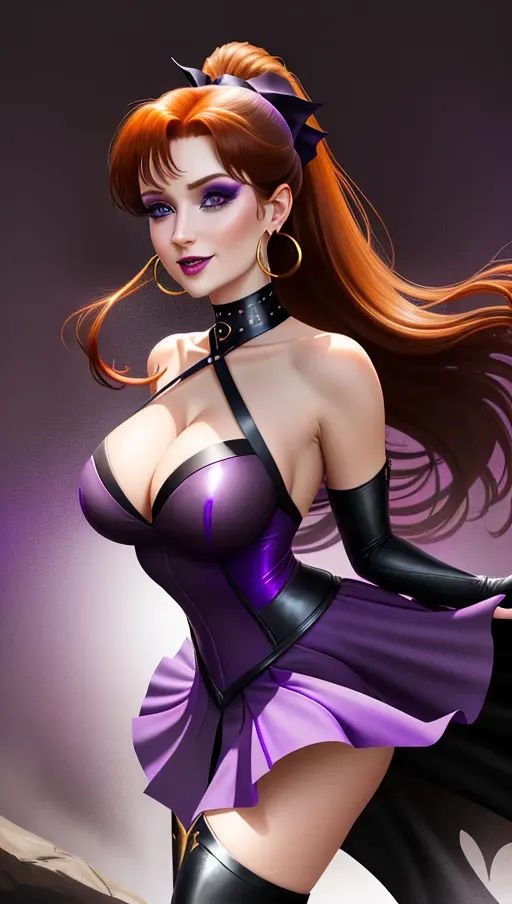 low angle, medium shot,
beautiful, Sweet innocent beautiful, good girl, goth makeup, Anna of Arendelle, age 30 long red-Auburn hair in a big ponytail, sweet smile, large round natural blue eyes, Nordic, black leather clothing with dark purple highlight, bare naked open exposed shoulders, gold hoop earrings, dark purple collar, long dark purple gloves, dark purple halter-Corsette, dark purple pleated micro-mini-skirt, dark purple thigh-high boots, long pointed canine teeth, bare mid-riff, long
floor-length black hooded cape,