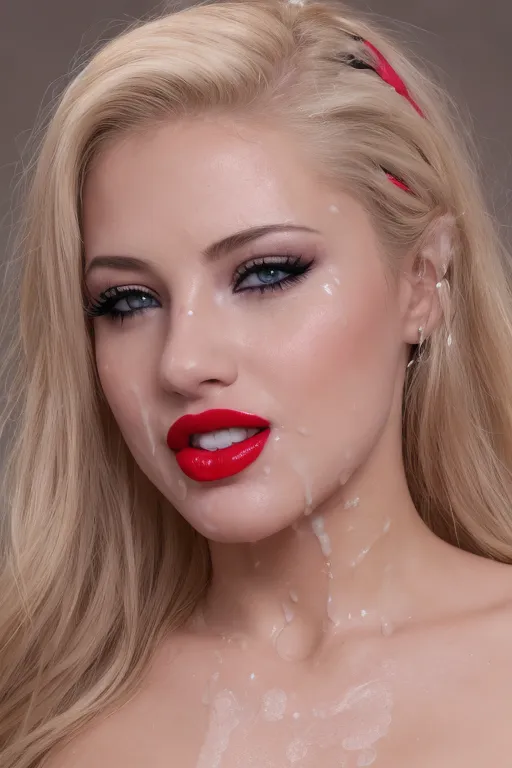 a 8k high resolution photo of beautiful blonde female, ((dpmg_face_cum_v1)), ((a lot of cum on face)), ((cum in hair)), (looking straight into the camera), (fake eyelashes), detailed female anatomical features, (heavy black eyeliner), (((red lipstick))), textured skin, (blue eyes),