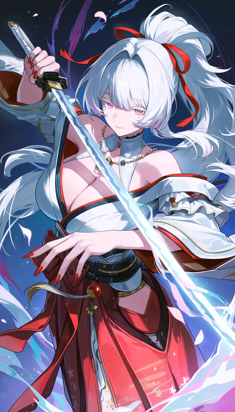 wuthering waves, hiyuki \(wuthering waves\), 1girl, bare shoulders, breasts, cleavage, closed mouth, clothing cutout, colored eyelashes, fingernails, hair intakes, hair ribbon, hakama, hakama skirt, hip vent, holding, holding sword, holding weapon, huge breasts, japanese clothes, jewelry, katana, kimono, long fingernails, long hair, looking at viewer, mole, mole under eye, nail polish, necklace, off shoulder, pink eyes, ponytail, red hakama, red nails, red ribbon, ribbon, skirt, solo, sword, weapon, white eyelashes, white hair, white kimono, masterpiece, best quality, amazing quality, highres, absurdres, newest, very awa, dynamic pose, dynamic compositionwuthering waves, hiyuki \(wuthering waves\), 1girl, bare shoulders, breasts, cleavage, closed mouth, clothing cutout, colored eyelashes, fingernails, hair intakes, hair ribbon, hakama, hakama skirt, hip vent, holding, holding sword, holding weapon, huge breasts, japanese clothes, jewelry, katana, kimono, long fingernails, long hair, looking at viewer, mole, mole under eye, nail polish, necklace, off shoulder, pink eyes, ponytail, red hakama, red nails, red ribbon, ribbon, skirt, solo, sword, weapon, white eyelashes, white hair, white kimono