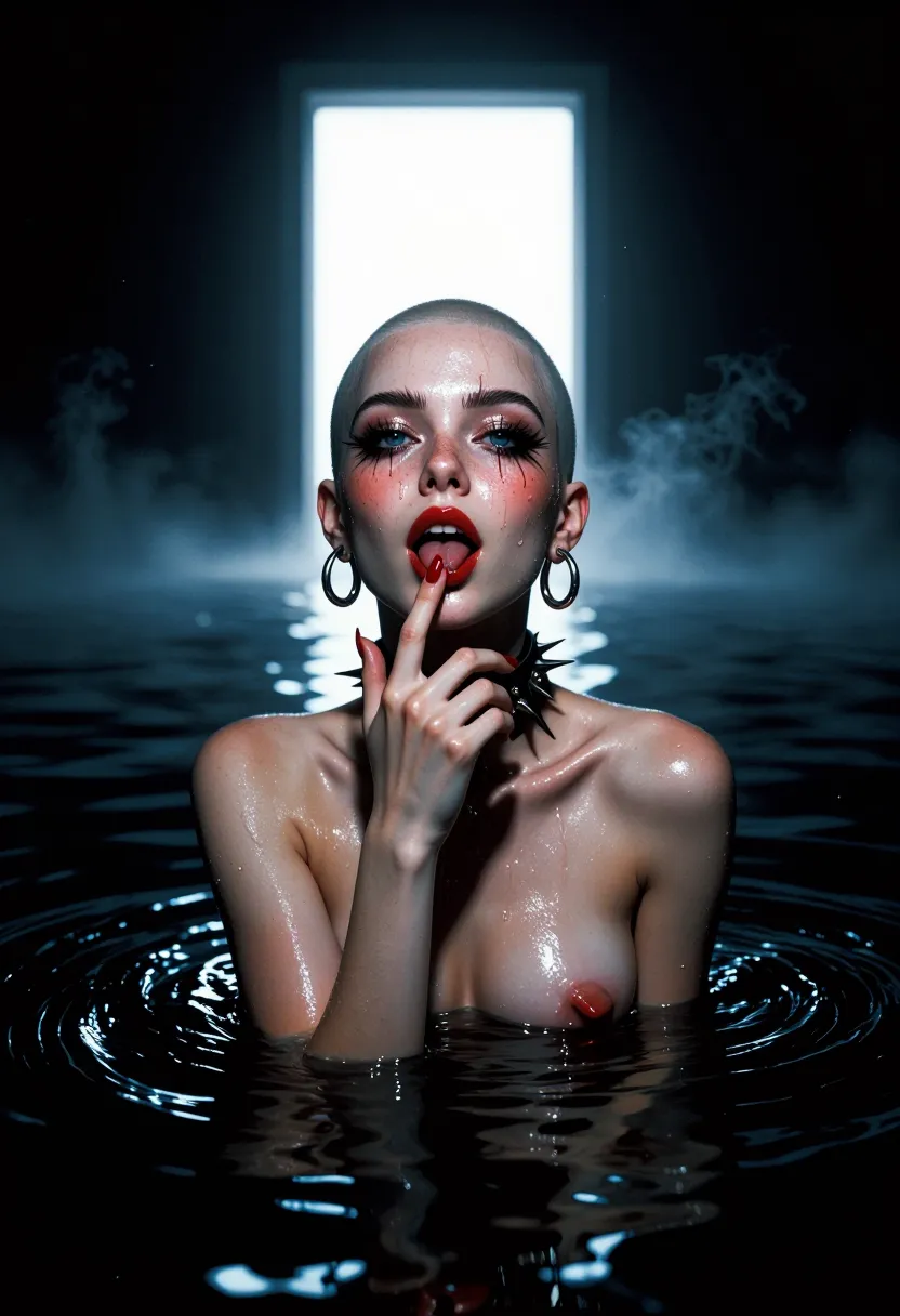 (A full facial shot:1.5),
A front view shot, she is facing the camera,
Her hand is raised to her mouth, she licks the tip of her index finger with the tip of her long wet glistening pierced tongue, she has very long high gloss polished red fingernails, manicured to a sharp point,
The image shows a highly sexually charged portrait of a skinny young lady nineteen years old,
(She is bald with a shaved head:1.5),
She is naked and topless, tiny flat chested breasts exposed, hard erected nipples,
(She wears enormous silver hoop earrings at least eight inches in diameter:1.5),
Because her mouth is open and her teeth slightly visible, the gesture becomes charged with theatrical sensuality and predatory energy.
* glossy red lips acting as visual anchors
* bright turquoise eyeliner adding a synthetic, pop-art edge,
Makeup
This makeup look feels like a collision between high-fashion editorial beauty and punk futurism. Nearly every feature has been exaggerated with precision while still allowing natural skin details to remain visible.
Complexion
The skin is intentionally luminous and almost glass-like.
* Finish: Extremely dewy with strong reflective highlights across the forehead, nose bridge, cheekbones, and inner eye area.
* Foundation: Medium coverage. The skin remains realistic rather than completely airbrushed.
* Texture: Natural pores and skin texture are visible, which gives the image a modern editorial quality.
* Freckles: A prominent scattering of freckles stretches across the nose, cheeks, temples, and forehead. They appear enhanced rather than concealed, becoming a defining feature of the look.
* Contour: Very subtle. The emphasis is on light reflection rather than sculpting.
Brows
The eyebrows are perhaps the most striking element.
* Shape: Thick, bold, and heavily brushed upward.
* Technique: A laminated or soap-brow effect where individual hairs are separated and standing almost vertically.
* Style: Wild, untamed, and intentionally architectural. They create a dramatic frame around the eyes.
* Colour: Deep brunette, matching the lashes and eyeliner.
Eyes
The eye makeup is graphic and avant-garde.
Eyeliner
* A jet-black wing extends dramatically beyond the outer corner.
* The wing is elongated and razor sharp.
* Rather than forming a smooth triangle, it splays into several pointed “spikes,” almost resembling feathers, thorns, or the wings of a raven.
Lashes
* Upper lashes are exceptionally long and separated into visible spikes.
* Lower lashes have also been exaggerated, creating a doll-like effect.
* Both upper and lower lashes appear intentionally clumped into artistic sections rather than evenly fanned.
Eyeshadow
* Minimal visible eyeshadow.
* Soft neutral taupe shading around the lash line creates depth without distracting from the liner.
* The inner corner contains a reflective champagne highlight.
Eyes
* The pale blue-grey irises create dramatic contrast against the dark liner and lashes.
* The makeup intentionally pulls attention toward the brightness of the eyes.
Lips
The lips are bold but softer than the eye makeup.
* Colour: A vivid tomato-red to coral-red.
* Finish: Glossy satin with substantial light reflection.
* Shape: Slightly overdrawn at the centre, creating fullness.
* Edges: Deliberately softened rather than sharply lined, producing a contemporary blurred-lip effect.
* Texture: Smooth and hydrated with visible dimensional shine.
Additional Styling Elements
* Hair: The shaved head transforms the makeup into the central visual focus.
* Earring: A chunky silver hoop contributes an industrial, fashion-editorial aesthetic.
* Wardrobe: The black high-neck garment creates a stark backdrop that makes the skin, eyes, and lips appear even more luminous.
Overall Aesthetic
The look blends several influences:
* Runway editorial beauty
* Punk fashion
* Avant-garde makeup artistry
* Modern glass-skin trends
* High-contrast fashion photography
The visual hierarchy is carefully controlled:
1. Graphic brows and eyeliner
2. Bright blue eyes
3. Glossy red lips
4. Luminous freckled skin
The result is striking, slightly rebellious, and almost otherworldly, like a futuristic fashion campaign where natural freckles meet razor-sharp graphic artistry.,
She is naked and topless wearing a thick black spiked collar and cuffs,
Sweat drips from her brow and chin, and her expression is one of utter ecstasy and subtle discomfort. The photograph emphasises raw, natural human connection and eroticism, their expression is one of utter ecstasy and subtle discomfort,
She is standing waist-deep in dark water that stretches across the entire frame.
The water is calm but not still. Gentle ripples radiate outward, catching the light and creating silver-blue highlights across the surface. The reflections form a luminous pathway leading directly from the figure to the source of light ahead.
There are no visible walls, horizon lines, stars, or landmarks.
The environment appears infinite.
The woman
At the centre of the composition stands a lone silhouetted woman.
* Facing away from the viewer.
* Standing motionless in the water.
* Head slightly raised toward the light.
The darkness surrounding her contrasts sharply with the brilliant light ahead, emphasising the feeling of being between two states: known and unknown, darkness and illumination.
The Doorway
The dominant feature is the enormous rectangular portal in the distance.
It appears as a perfect vertical rectangle of pure white light.
Unlike a normal doorway:
* No frame is visible.
* No hinges or architectural details exist.
* It seems to float in space.
* The brightness is so intense that its edges dissolve into the surrounding mist.
The portal functions as both an object and a light source.
Its glow spills outward in all directions, creating a halo that gradually fades into deep blue darkness.
Light
The lighting is almost entirely monochromatic.
Cool blue tones dominate the image:
* Midnight blue water.
* Pale blue mist.
* White-blue reflections.
* Dark navy shadows.
The brightest area is the doorway itself, which is nearly featureless because of its intensity.
The reflected light creates a shimmering path across the water, visually connecting the figure to the portal like a road made of liquid light.
Atmosphere
The scene appears filled with fog or haze.
The mist softens transitions between light and darkness, making the environment feel dreamlike and unearthly.
There is a profound silence implied by the image.
No waves.
No wind.
No other people.
No visible life.
Just water, darkness, light, and a solitary observer.
Symbolism
The image invites many interpretations:
* A threshold between worlds.
* A journey into the unknown.
* Death and the afterlife.
* Enlightenment or spiritual awakening.
* A passage from fear to understanding.
* The moment before a life-changing decision.
The doorway acts as a universal symbol of transition, while the water often symbolizes the subconscious, memory, emotion, or transformation.
Emotional Tone
The mood is simultaneously:
* Peaceful
* Lonely
* Mysterious
* Hopeful
* Slightly unsettling
What makes the image compelling is that the light does not appear threatening. Despite the overwhelming darkness, the portal feels inviting rather than ominous.
The overall impression is of a lone traveller standing at the edge of a profound crossing, gazing toward a destination that remains unknowable beyond the brilliance of the door,
The light in this image has the unmistakable fingerprint of direct on-camera flash photography, the kind associated with late 1970s and early 1980s editorial imagery. It feels immediate, invasive, and deliberately unpolished, like the shutter snapped in the middle of a fleeting private moment.
The flash is positioned very close to the camera axis, producing a hard frontal illumination with minimal subtle gradation. Because the light source is small and direct, the shadows are sharp-edged and compact rather than soft or atmospheric.
The light doesn’t gently wrap around her. Instead, it ricochets off it in abrupt flashes, emphasizing texture, wrinkles, and sheen.
The skin tones are illuminated in a flatter, more exposed way. There’s little sculptural side-shadowing across the face because the flash strikes almost head-on. Yet the slight tilt of the head creates shallow shadow pockets under the jawline, beneath the nose, and around the eye sockets, adding a sense of fatigue or intoxicated glamour. The lips catch the light strongly, becoming one of the brightest facial focal points.
The background absorbs and diffuses the light. Rather than reflecting sharply, they scatter the flash softly across her body. This creates a pale, creamy backdrop that feels almost stage-like, while the darker subject stands forward in high contrast.
There’s also a subtle falloff toward the edges of the frame, suggesting either a compact flash unit or a lens/light combination with uneven spread. The foreground catches stray illumination and becomes overexposed in patches, contributing to the candid, after-hours aesthetic.
Emotionally, the lighting feels raw and intrusive rather than elegant. It evokes backstage dressing rooms, hotel rooms after midnight, tabloid fashion shoots. The flash behaves almost like an interrogator: flattening space, exposing textures, and freezing a chaotic instant with no mercy for perfection,
she has never felt so incredibly turned on, she’s alive with nerves looking directly at the viewer with an intense longing stare, her desire to be fucked is very strong and is driving her wild which shows plainly on her innocent face, she is about to enter into an elicit highly sexual affair for the first time in her life, she is naturally nervous but the desire is way too strong to resist, she wants to be ravished over and over again,
(The shot is taken from the front she stares intensely into the camera:1.5),
An1meL1nes,