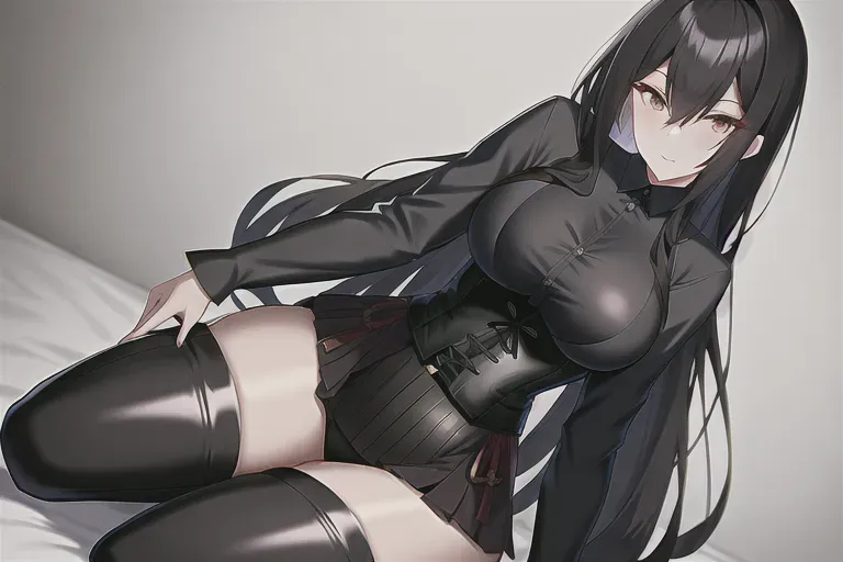 Japanese girl, fit figure, long black hair, black knee high socks, pretty art, knight, corset, dominating