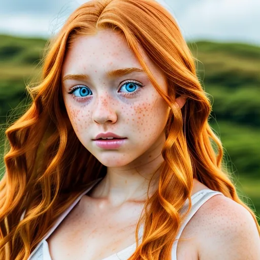 An angelic tanned stunning ginger Irish teenager with long wavy hair and freckles, tanned, huge expressive anime eyes, makeup