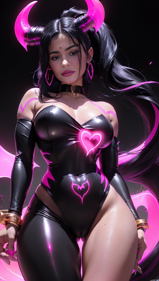 best quality, (((ultra high res))), (((detailed face and eyes))), (perfect face), (big shining heart choker), earrings, jewelry, (((big glowing succubus mark))), ((((big glowing succubus bodymark)))), (conjuring), witch, ((very long voluminous hair)), (((black gloves))), (((black hair))), (((single black ponytail))), (((golden bracelet))), (((huge golden hair cuff))), (((black skintight neckholder))), ((face closeup)), lipstick, (((((black demon tail))))), ((black long sleeves)), ((purple glowing heart)), (((big cameltoe))), (((demon mark))), heart on womb, (((((bright pink glowing skin tone))))), (((straight black hair))), ((pink glowing clothes)), ((pink luminescent)), ((((pink luminescent skin tone)))), (((pink skin))), (((Kylie Jenner))), (((from below)))