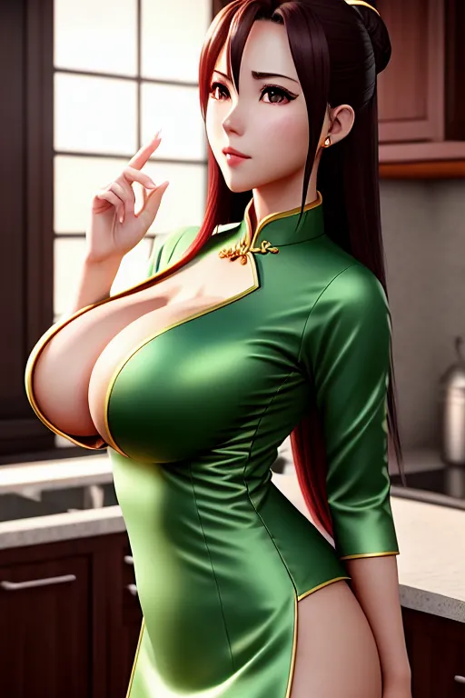 a photo shot of,asuna yuuki,wearing ao dai,in the kitchen,big breasts,five slender fingers,beautiful face,beautiful lips,green eyes,curved eyebrows,smooth skin,tattoo,bokeh,unreal engine,editorial,artstation,smooth
