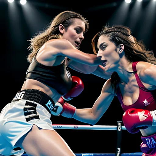 2 girls in"(Dynamic poses of two sexy longhaired women face to face boxing:1.2),
((Female boxers hitting each other:1.2),"
'(Dynamic poses of two sexy longhaired angry women:1) with hairy vaginas
(Darkblonde Zara with small boobs and Brunette Rebecca with small boobs))
Dynamic boxing match, two young women athletes, intense focus, powerful punches, boxing gloves, athletic stance, determination, sweat glistening, boxing ring background, crowd cheering, diverse audience, referee in action, sporty attire, adrenaline rush, fierce competition, high-energy atmosphere, dramatic lighting, action-packed moment, digital illustration, realistic style, detailed anatomy, vibrant colors, by Kadir Nelson and Amy Sherald, Artstation.