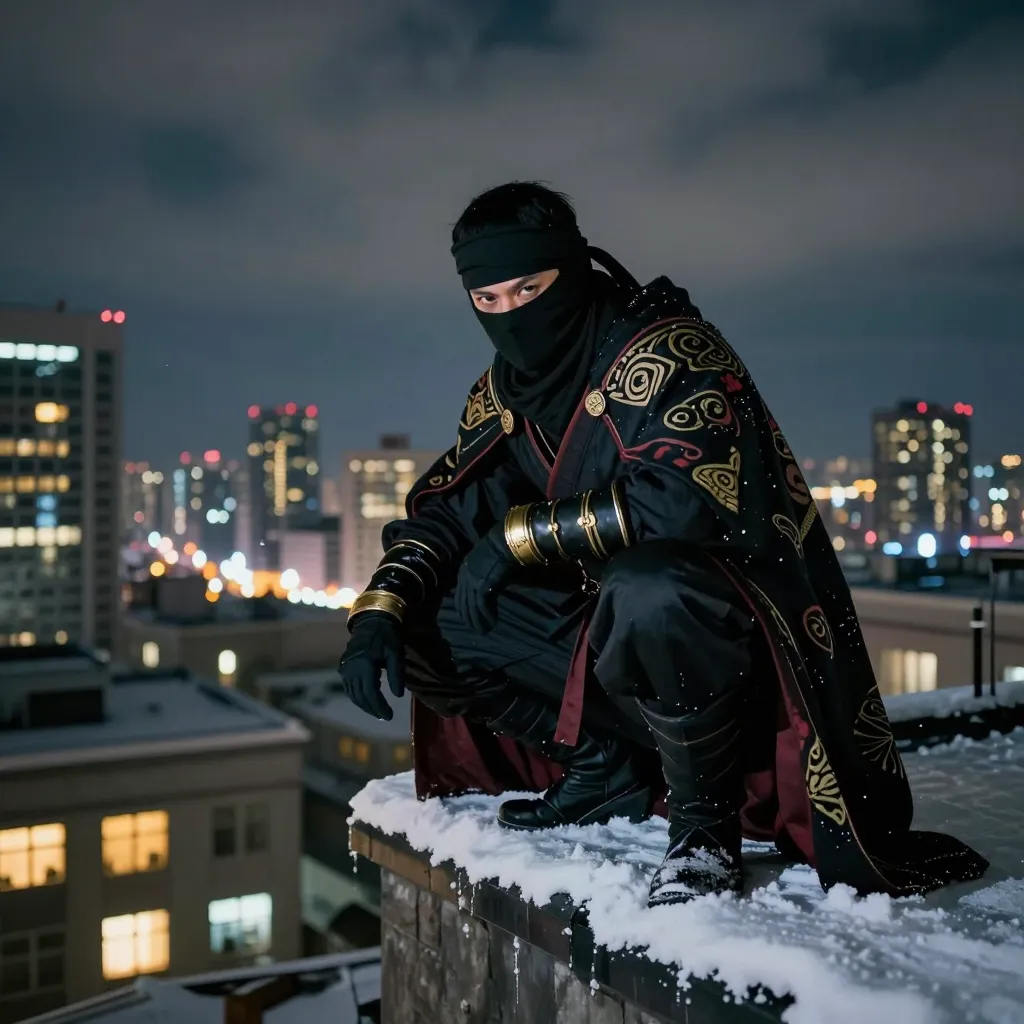 This is a photograph depicting a ninja-like figure perched on a snowy rooftop at night. The figure, wearing a black mask, headband, and gloves, has a dark, patterned cloak adorned with gold and red designs. They are squatting with one hand on the snowy roof edge, revealing gold wristbands and black boots. Their intense, focused eyes peek through the mask. The background features a cityscape with illuminated buildings, including tall skyscrapers with glowing windows, set against a dark, cloudy sky. Snow covers the rooftops below, and warm yellow lights from windows create a contrast with the cold, blue-toned night.