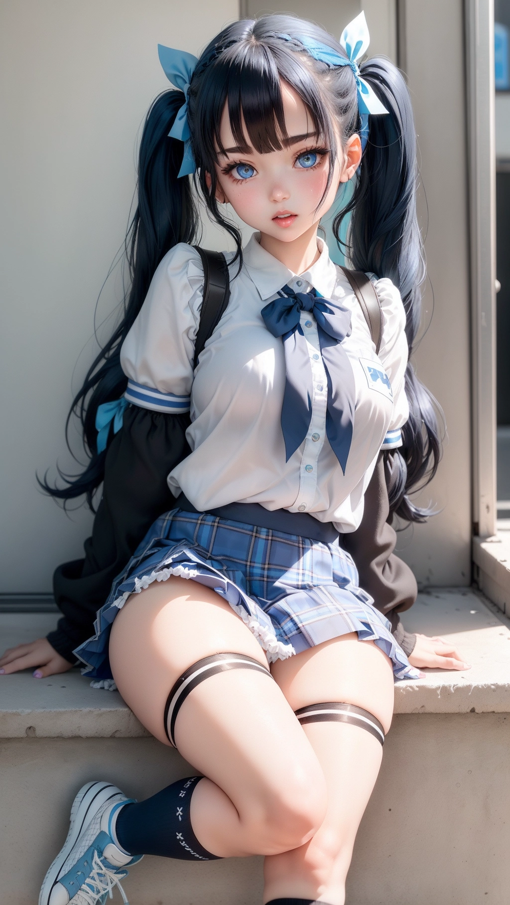 She has creamy white skin, luscious lips and beautiful blue-colored eyes. Her black colored hair is styled in twin-tails, each tied with blue ribbons. She wears a school uniform with a plaid blue skirt, knee-high socks, black panties and tennis shoes.
