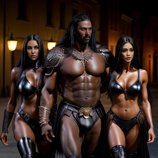 A professional high resolution photograph of a very tall muscular male warrior with long black hair and dark tanned skin escorted closely by two fit and beautiful female warriors with dark skin and long thick shiny black hair
Background is dark medieval city at night
Warrior is wearing black leather dragon fantasy armor
Warrior is looking at the camera without smiling
studio lighting
<lora:dpmg_add_detail:1>