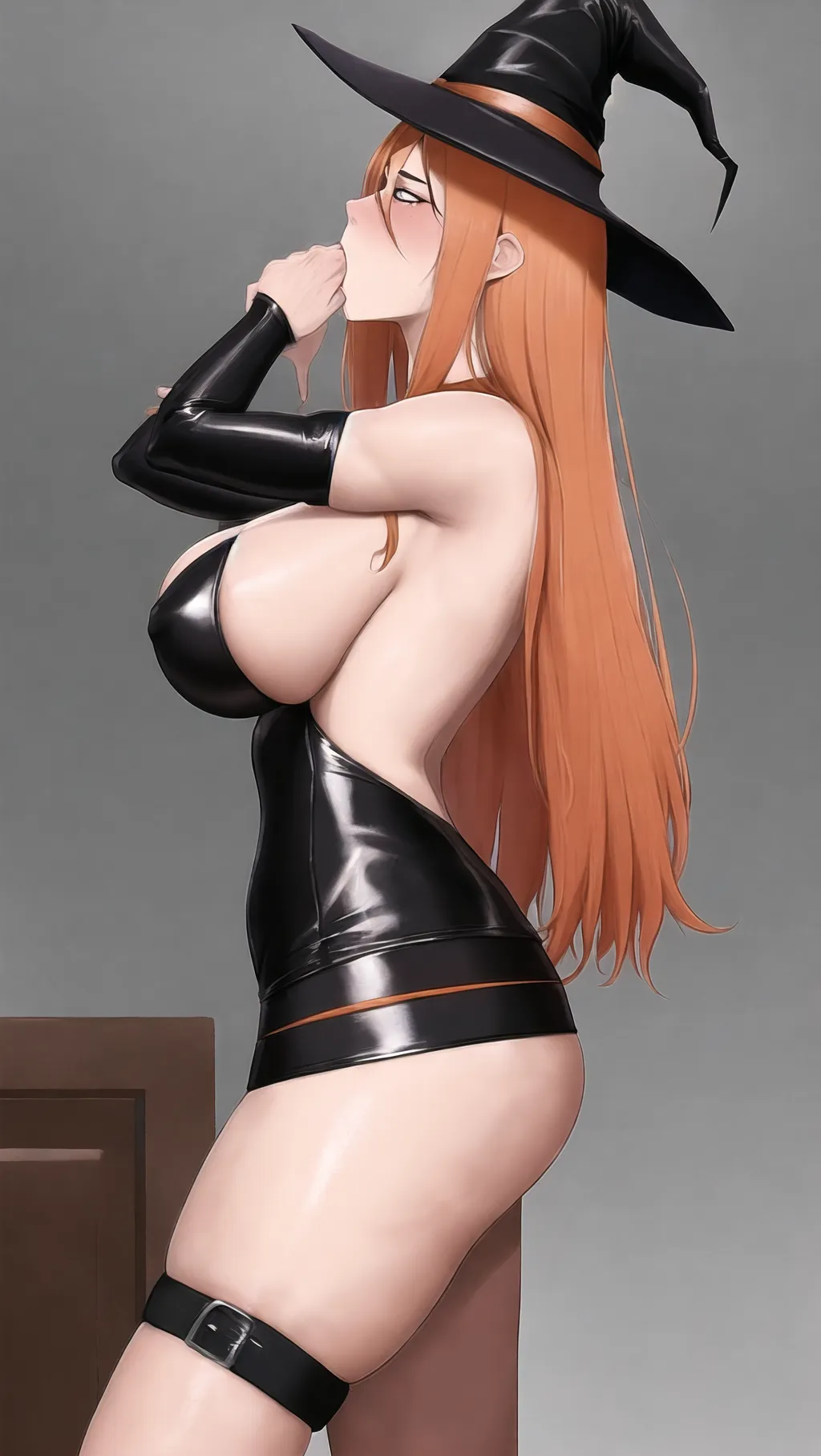 dpmg_side_deepthroat_v1, wide shot, 20 year old, a sexy witch, orange hair, bedroom, naked, huge boobs, happy, 8K, professional quality, wearing black witch hat,