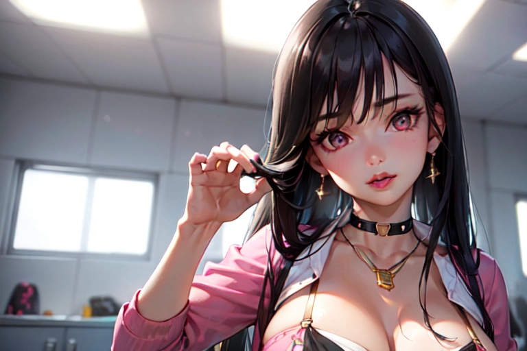 photorealistic, 8k, accurate face, (((detailed face))), (((replicate inspiration face))), full figure shot, shining eyes, female face, cute, 21 years old gorgeous, luxuriously long black hair, lipstick, bangs, large breasts, choker, necklace, pendant,
wearing pink stewardess outfit, in locker room,