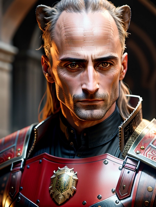 intricate highly detailed photorealistic realistic ultra realistic sharp focus with mark strong dressed in medieval lion armor with red accents